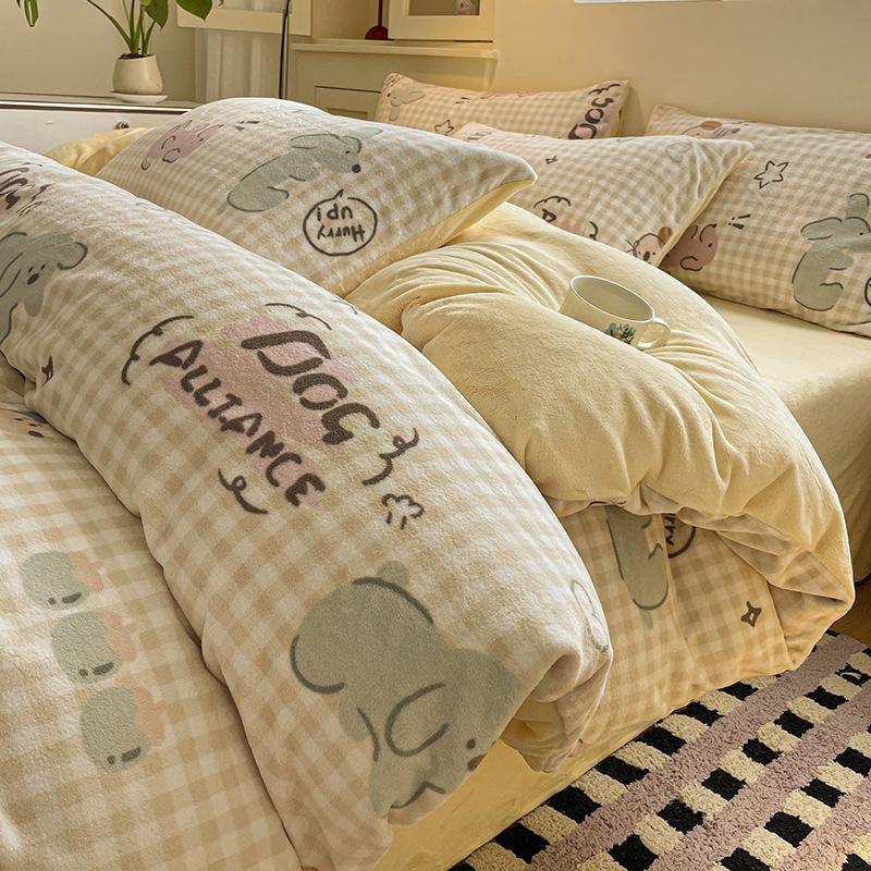 Thickened Milk Fleece Bed Four-Piece Set Warm Coral Fleece Bed Sheet Quilt Cover Three-Piece Bedding
