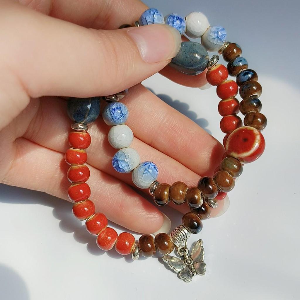Keramikperlenarmband für Damen, Ethno- und Exotik-Stil, elastisches Seil, chinesisch inspiriertes Design
