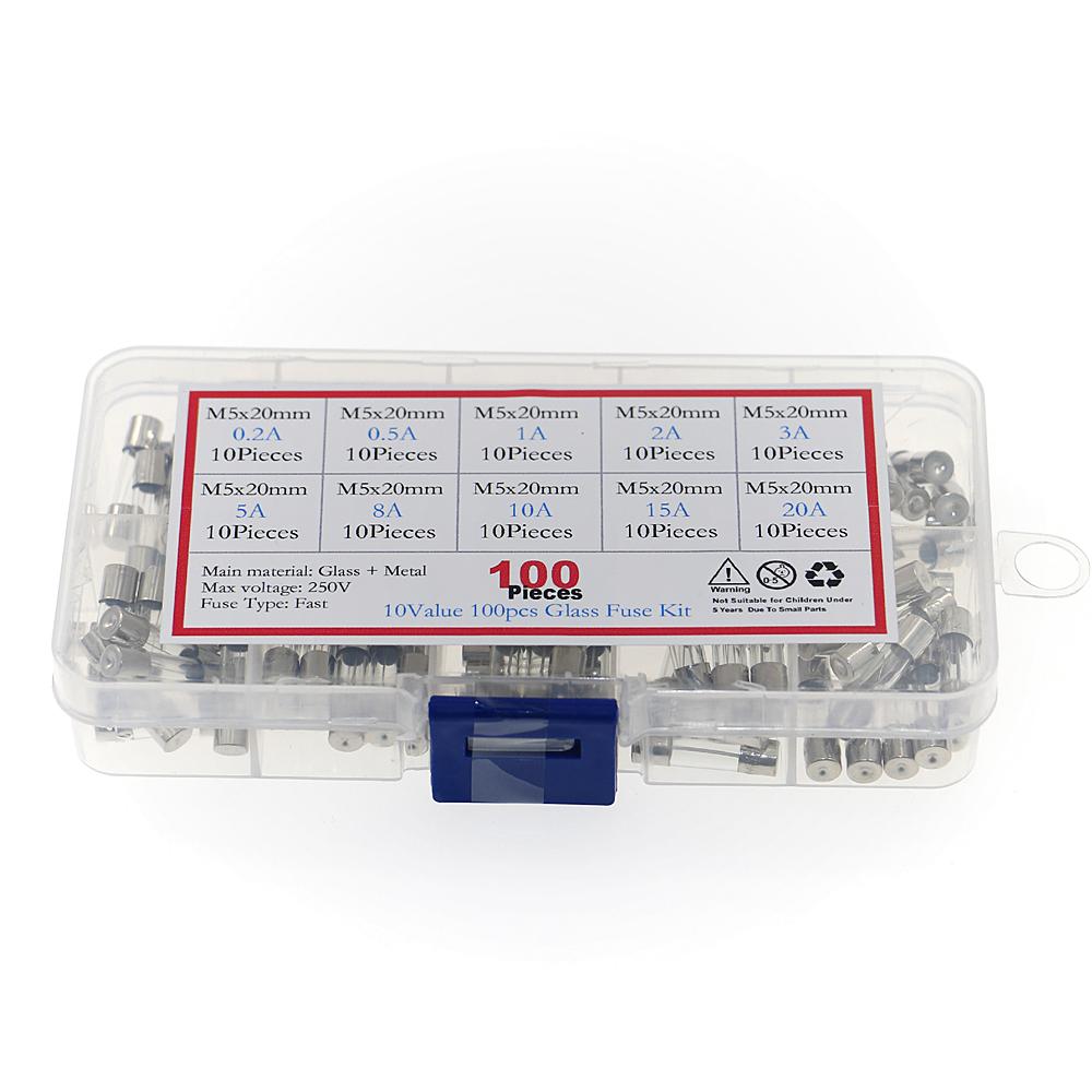 100Pcs/Box 5x20mm Fast-blow Glass Fuse Assorted Kit 0.2A 0.5A 1A 2A 3A 5A 8A 10A 15A 20A Amp Fuses Electrical Fuse Tube Mix Set Fuses4