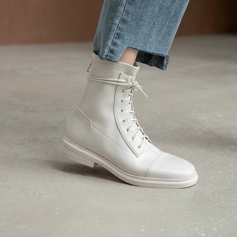 Krazing Pot Skórzane buty zimowe z okrągłym noskiem, grube, niskie obcasy, motocyklowe, damskie, sznurowane, duży rozmiar 43, botki