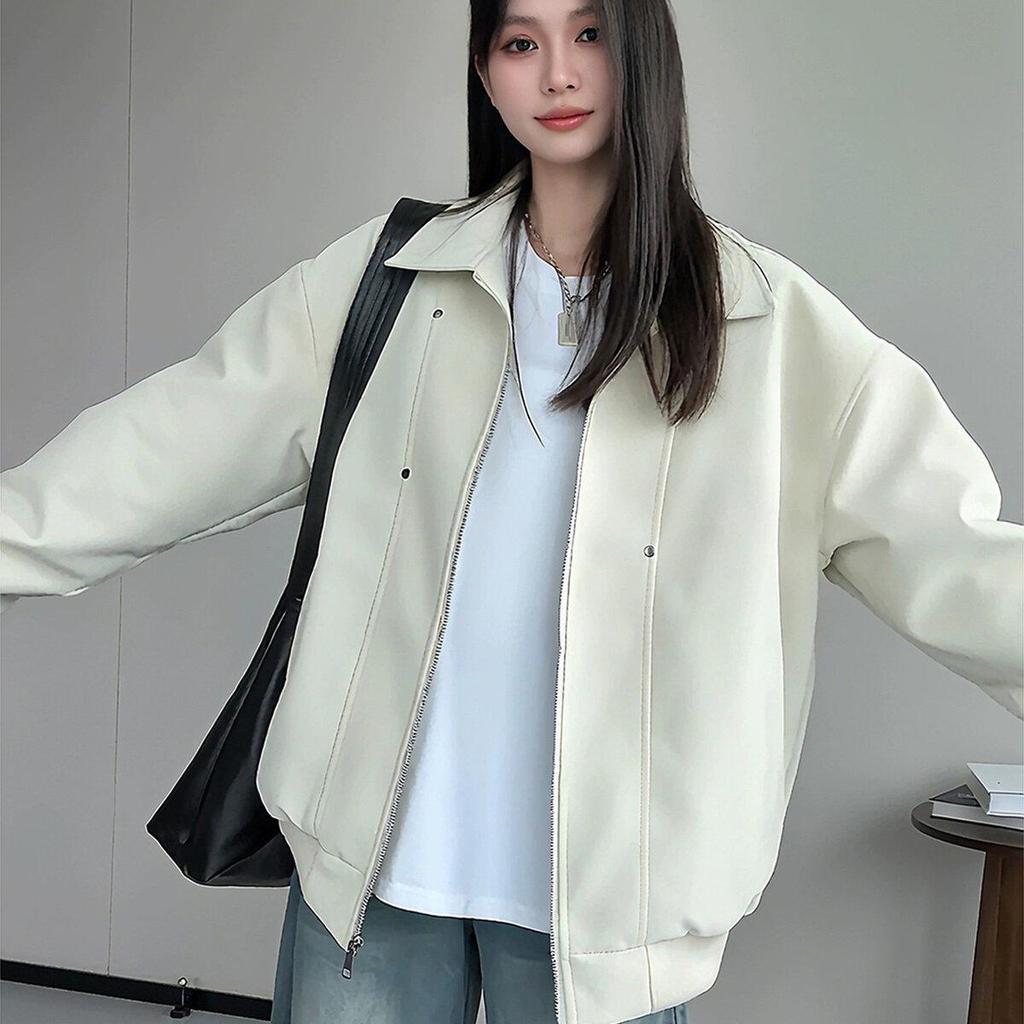 Off-White PU Leather Padded Men's Autumn Winter Motorcycle Jacket, Thickened Cotton Baseball Style for Couples