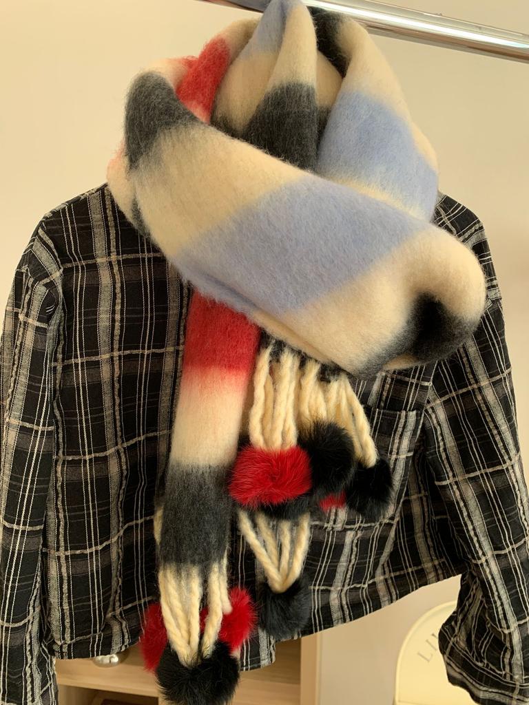 Dopamine Color Striped Handmade Hairball Warm Scarf Women's Winter Thickened Cold-proof Couple Scarf Shawl