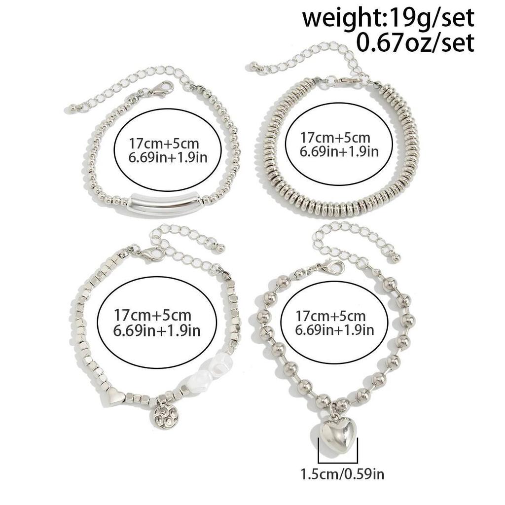 SHIXIN 4Pcs/Set Vintage Stackable Silver Color Beaded Bracelet Women Trendy Imitation Pearl Heart Pendant Bracelet Party Jewelry