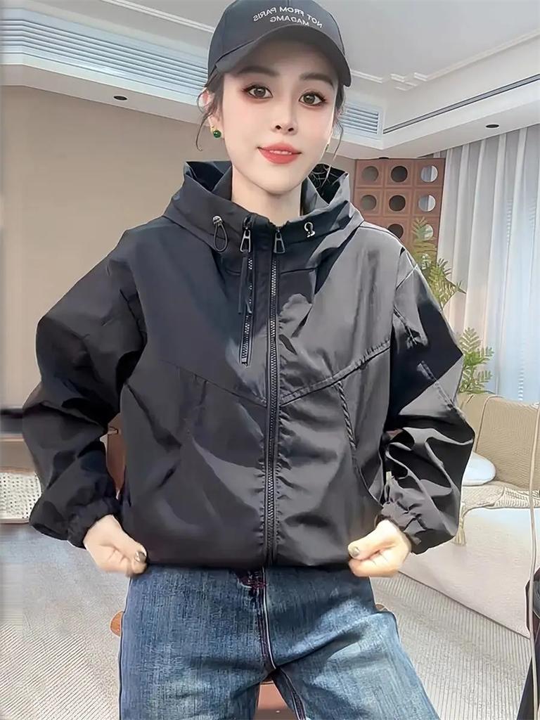 Fashion Hooded Short Jacket Women Streetwear Double Zipper Coat Casual Top Loose Outerwear Students Jackets Spring Autumn