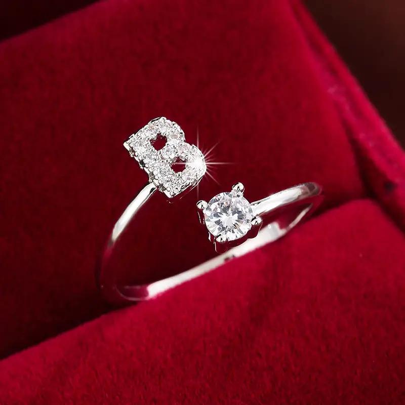 26 English Letter Micro-set Zircon Fashion Women's Ring, Copper-plated 14K Open Plain Ring