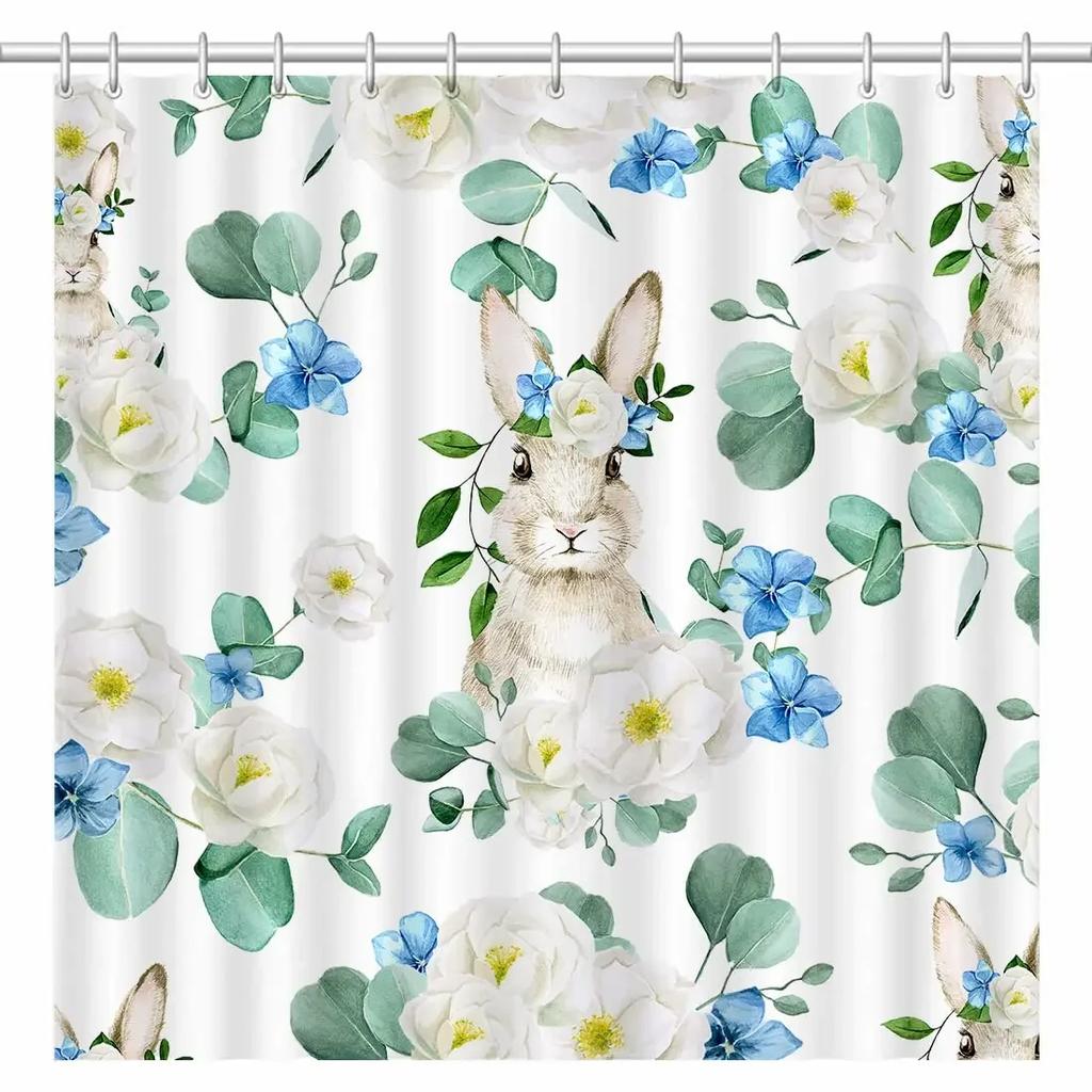 Happy Easter Bunny Shower Curtain Funny Rabbits Pink and Blue Eggs Bath Curtain Polyester Fabric Waterproof Bathroom Curtain Set