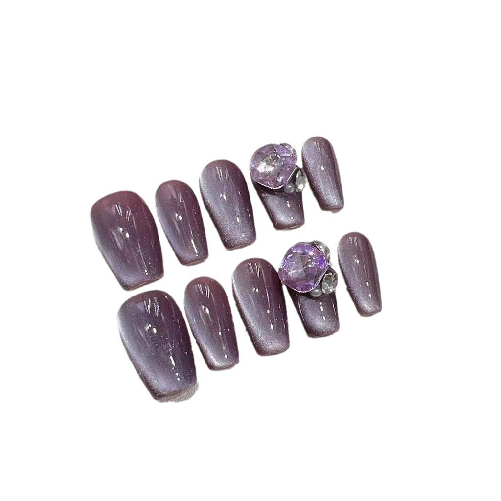 Wearing Armor Handmade Manicure Finished Fake Nail Patch Pure Desire Purple Cat Eye Flash Diamond