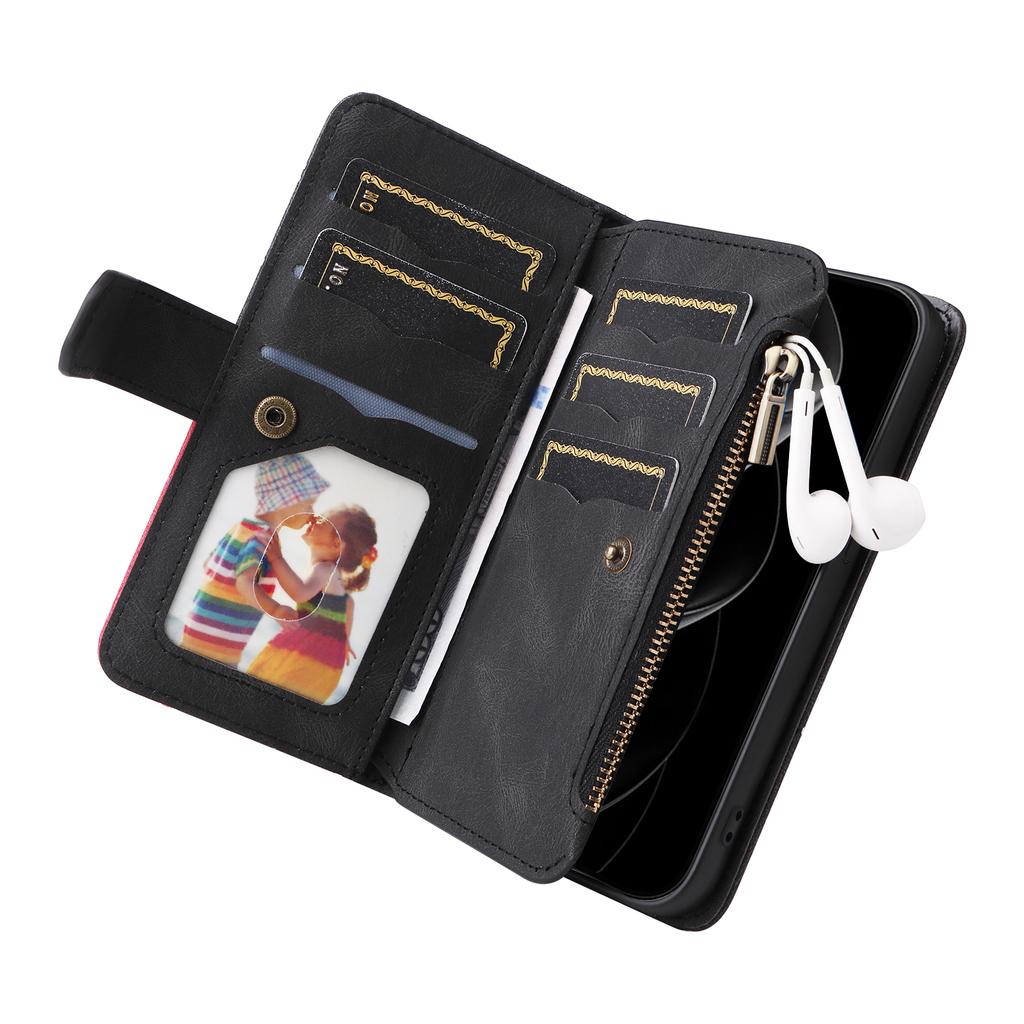 For iPhone 17 Pro Max Leather Case with Strap Zipper 9 Card Slot Phone Cover Stand