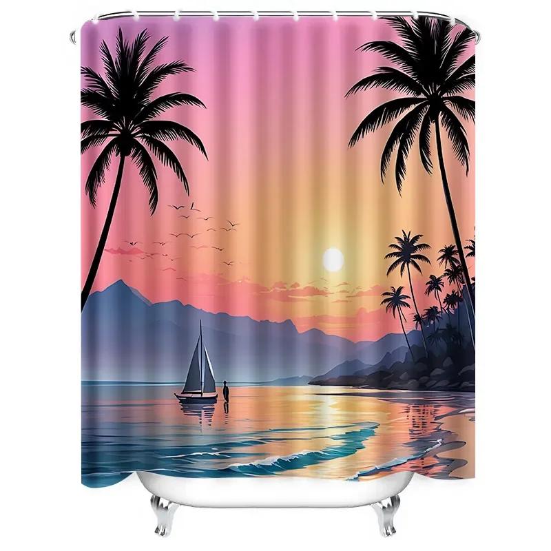 Tropical Sunset Scenic Shower Curtain for Bathroom - Vibrant Beach Palm Tree Design - Waterproof and Durable Perfect Home Decor W90xH180cm