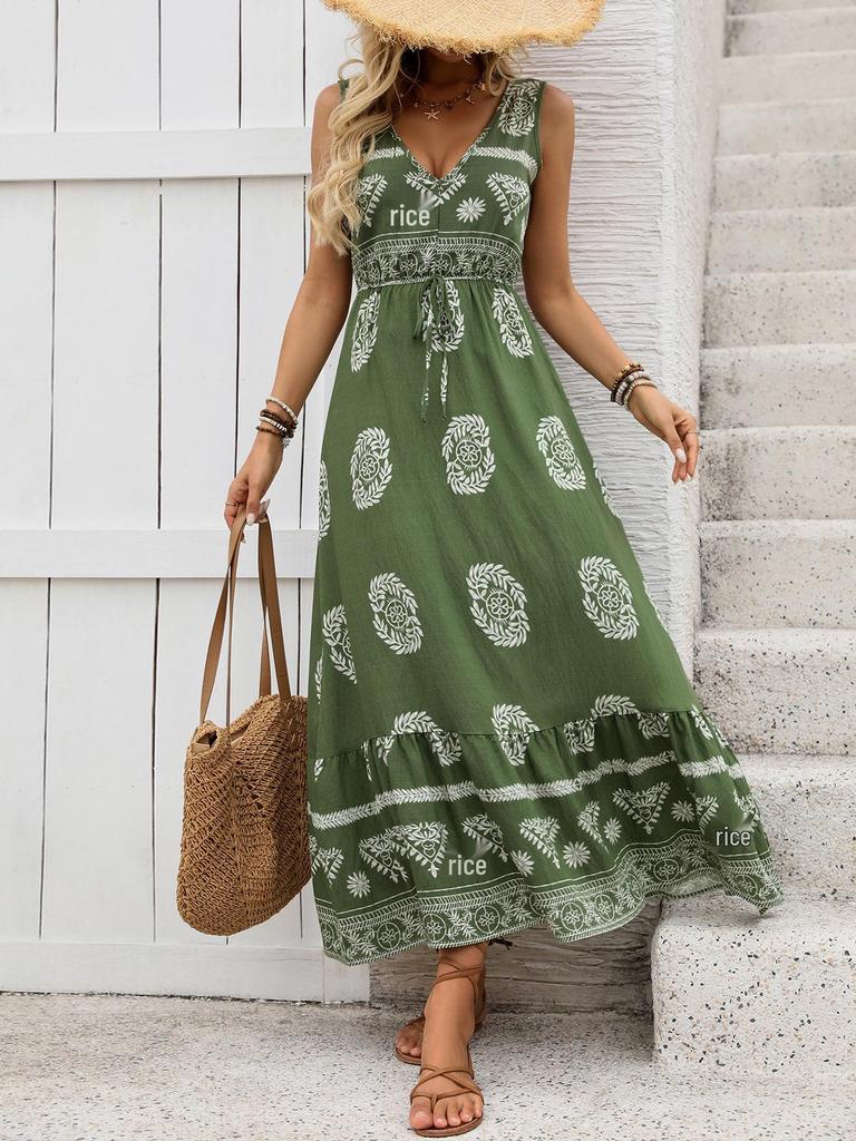 2026 Spring/Summer Ethnic Style Sleeveless V-Neck High-Waist Backless Maxi Dress for Women