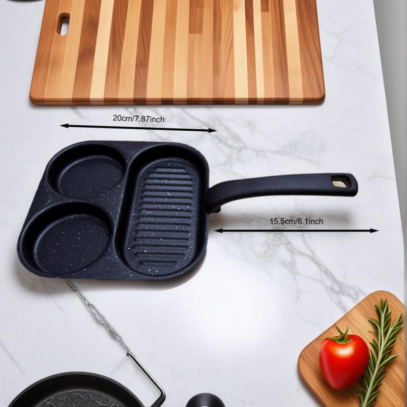 Three-Grid Curved Handle Anti-Scald Breakfast Frying Pan Household Egg Frying Pan Steak Egg Burger Non-Stick Pan Magic Tool