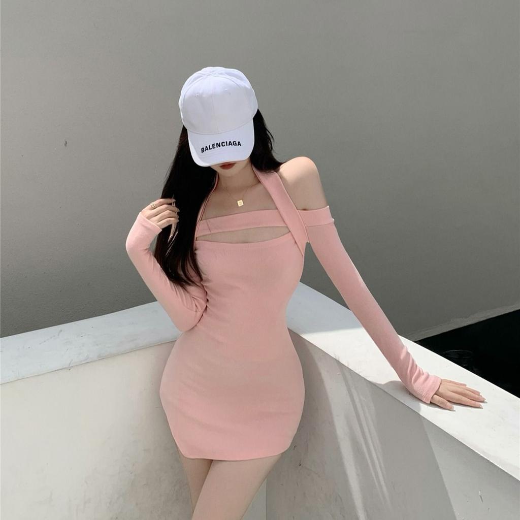 Fashion Black Sexy Spice Girl Neck Long Sleeve Dress Women's Spring New Slim and Skinny Stacked Hip Wrap Skirt