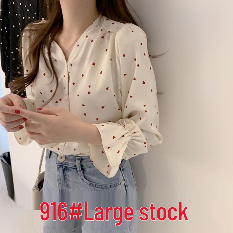 Korean Heart Print Chiffon V-Neck Retro Top - Spring/Autumn Fashion for Women