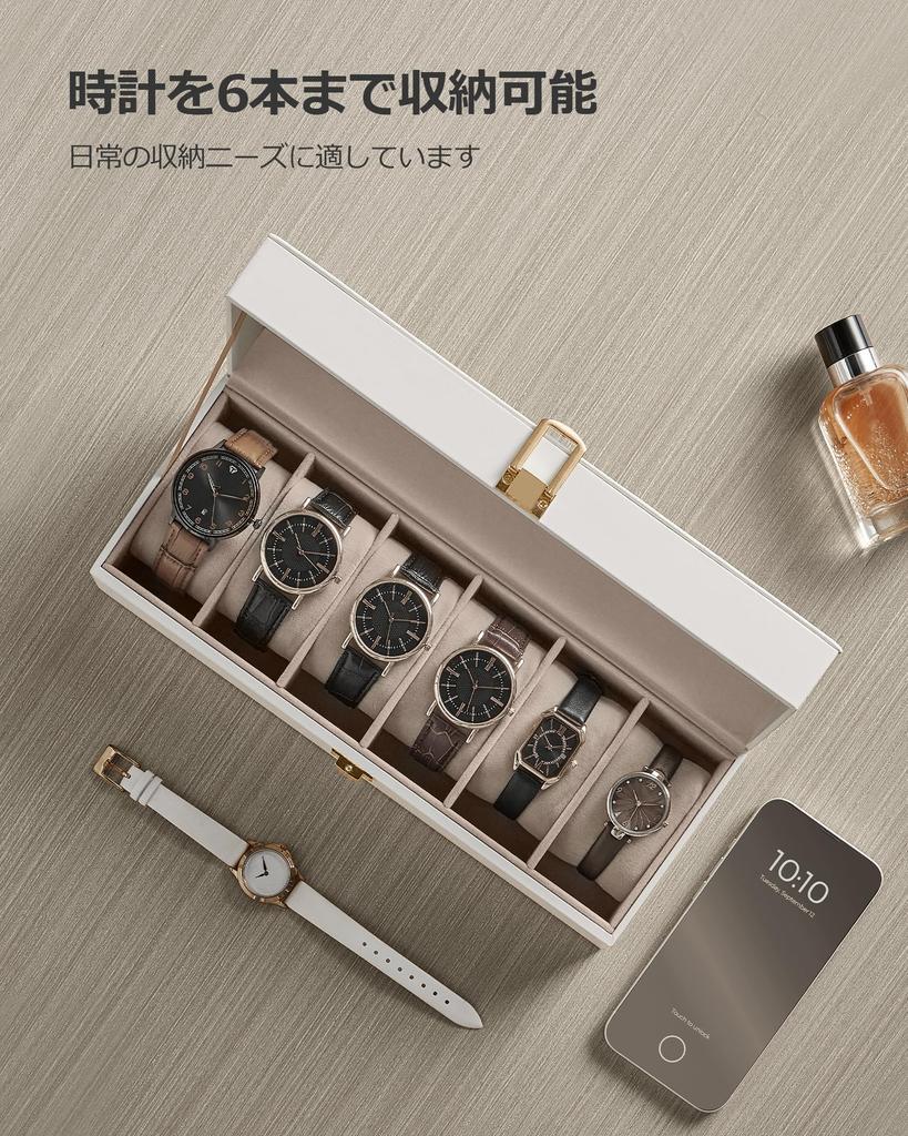 SONGMICS Watch PU Leather Watch Storage Box with Clear Stylish Watch Box for Watches and Day Gift for Men and Birthday White Case, 6-Piece Window,
