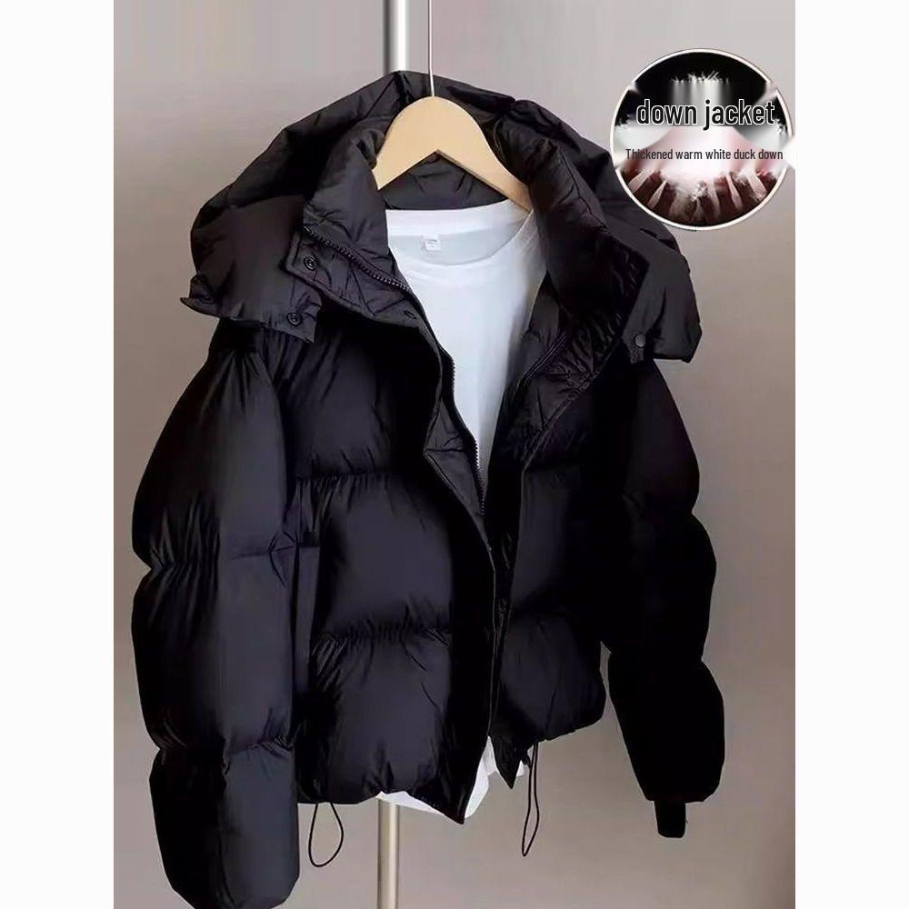 Dunjacka för damer, kort, vit, med dun av vit anka - Koreansk stil, petite passform med tjock chenille