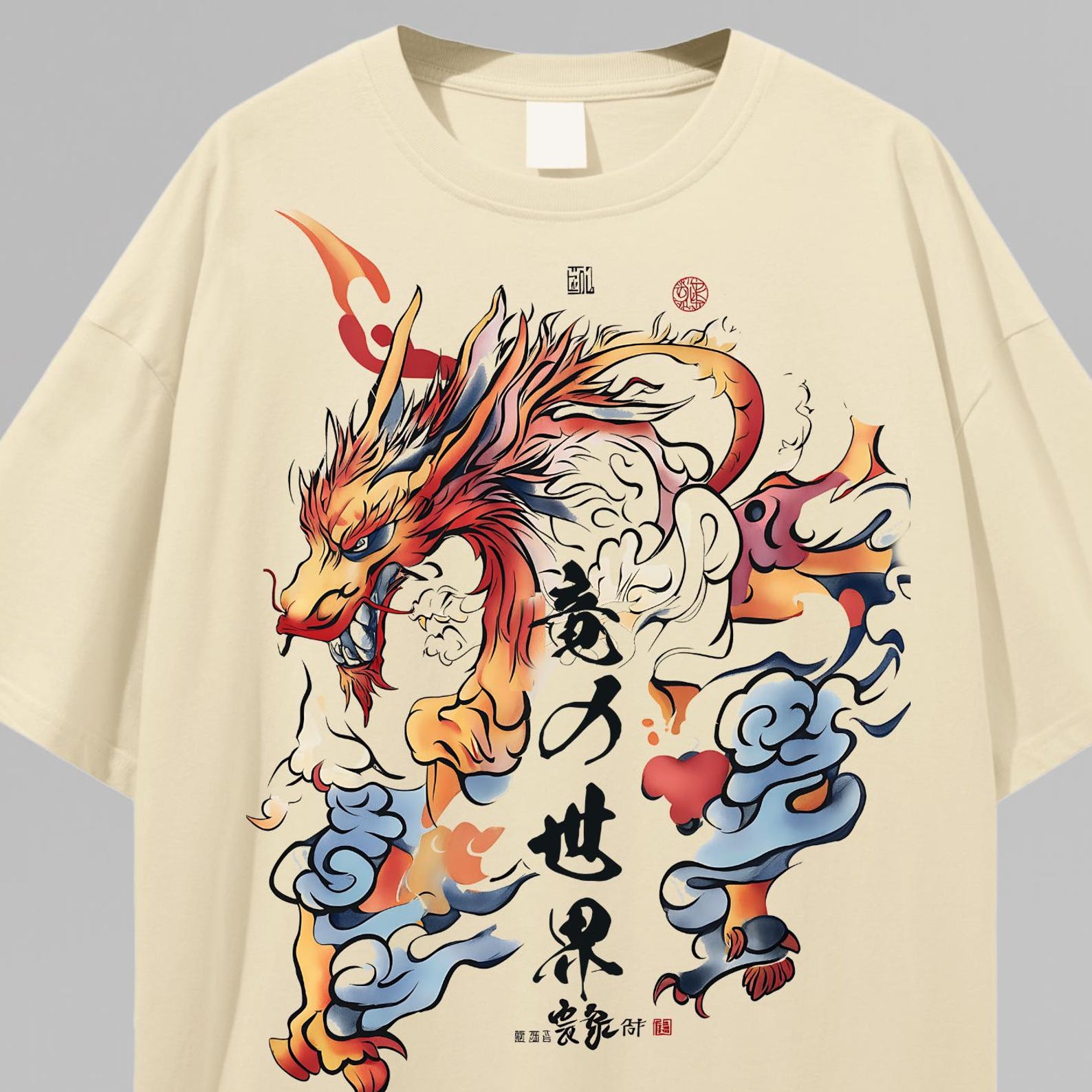 Colorful Japanese Dragon Oversize Deep Drop Shoulder Tee, Japanese Dragons T-shirt, 2025 Trend, Vibrant Streetwear L