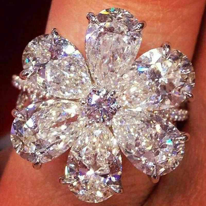 Silver Water Drop Pear-Shaped Flower Snowflake Ring Simple Temperament Flower Ring