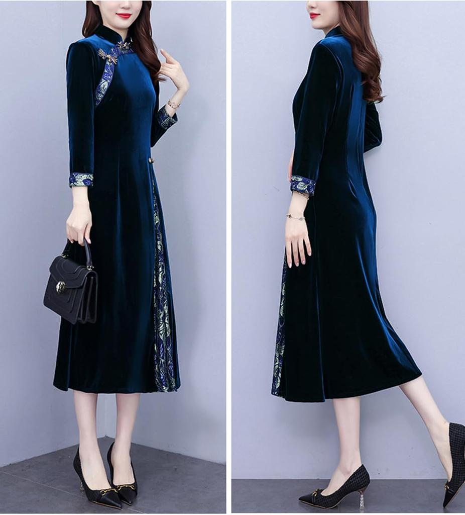NEZIH Long Sleeve Flared Plus Size Size Dress, Autumn/Winter, High-Waisted, Chinese-Style Dress, Docking, Feminine, Beautiful, (Blue, 6)
