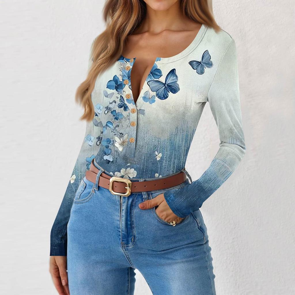 Women's Slim Bottom T-shirt Fashion Casual Gradient Printing Round Neck Pullover Long Sleeve Top