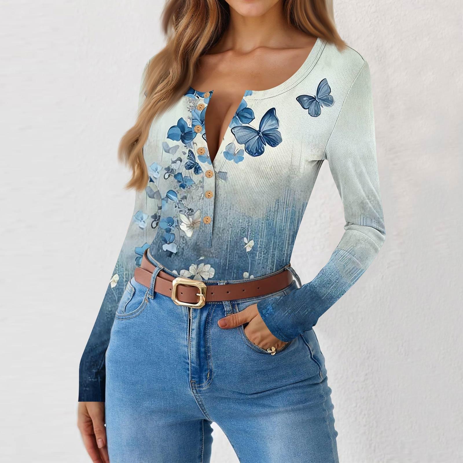 

Женская приталенная футболка Модная повседневная с градиентным принтом Пуловер с круглым вырезом и длинным рукавом L