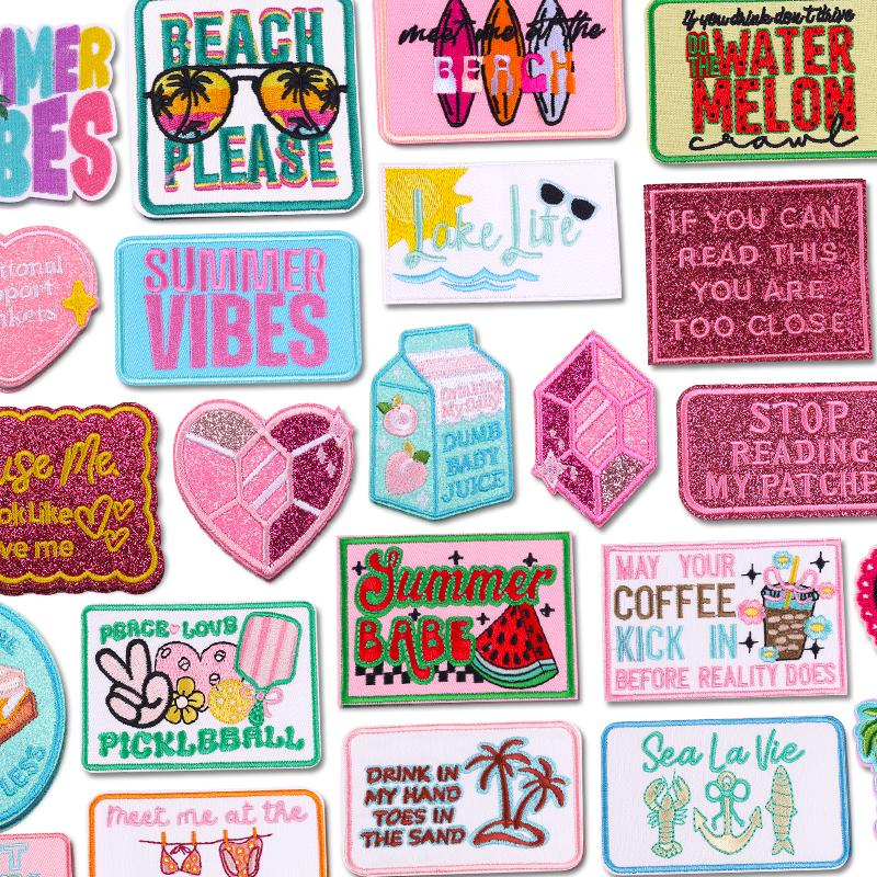 Pink Letter Patch DIY Summer Vibes Embroidered Patches Iron On Patches For Clothing Thermoadhesive Patches Cartoon Sew Bagdes