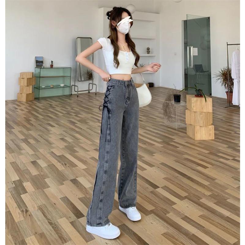 Y2K Street Women Jeans Pants American High Waist Lace Up Chic Female Casual Pants Korean Vintage Ladies Wide Leg Trousers