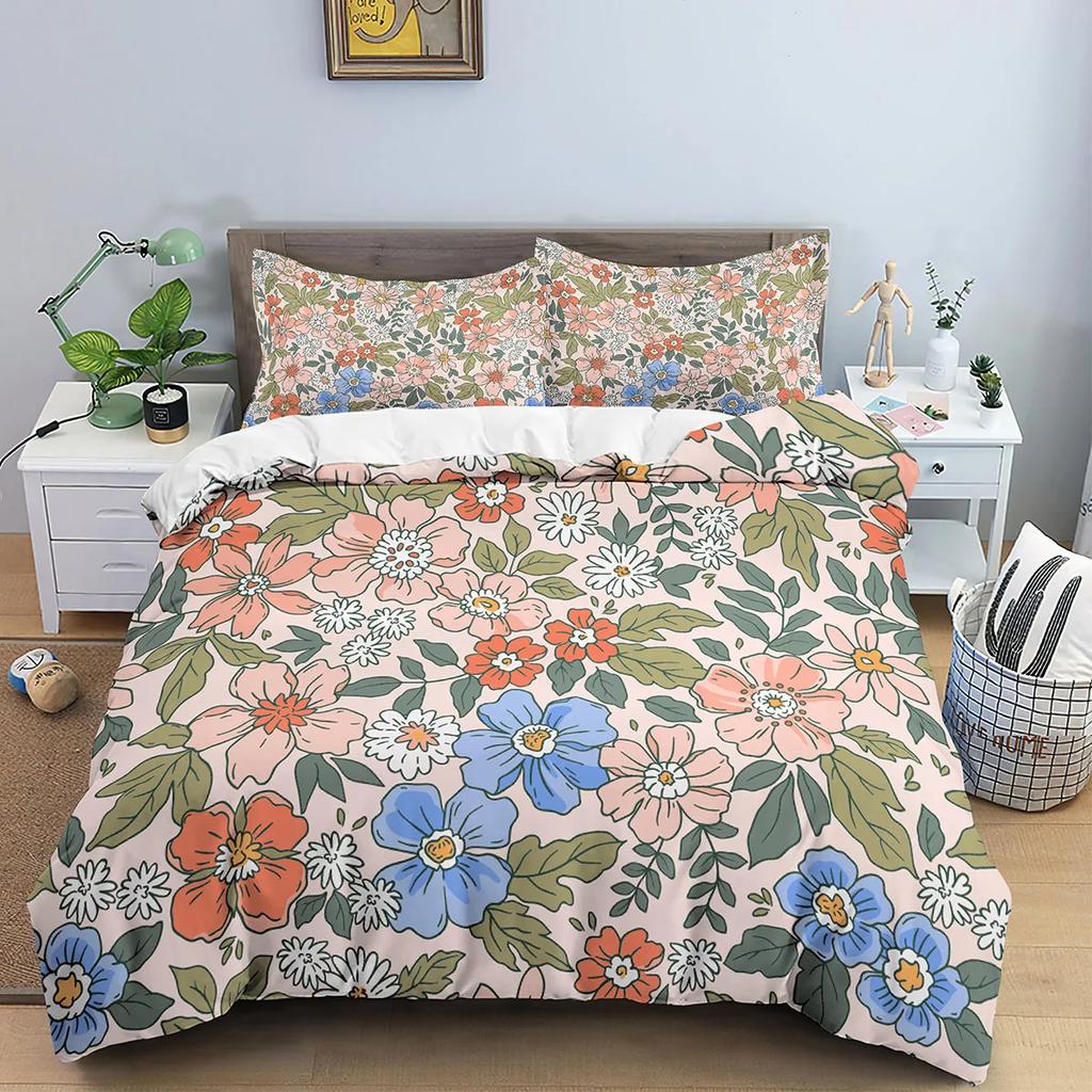 Flower Bedding Set Colorful Floral Duvet Cover Queen King Size Green Leaves Blossom Quilt Cover 2/3Pcs Polyester Comforter Cover
