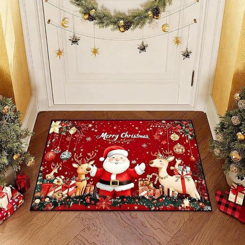 Christmas Santa Claus Reindeer Welcome Mat Red Gold Xmas Tree Holly Snowflake Floor Rug for Entryway Holiday Home Decor
