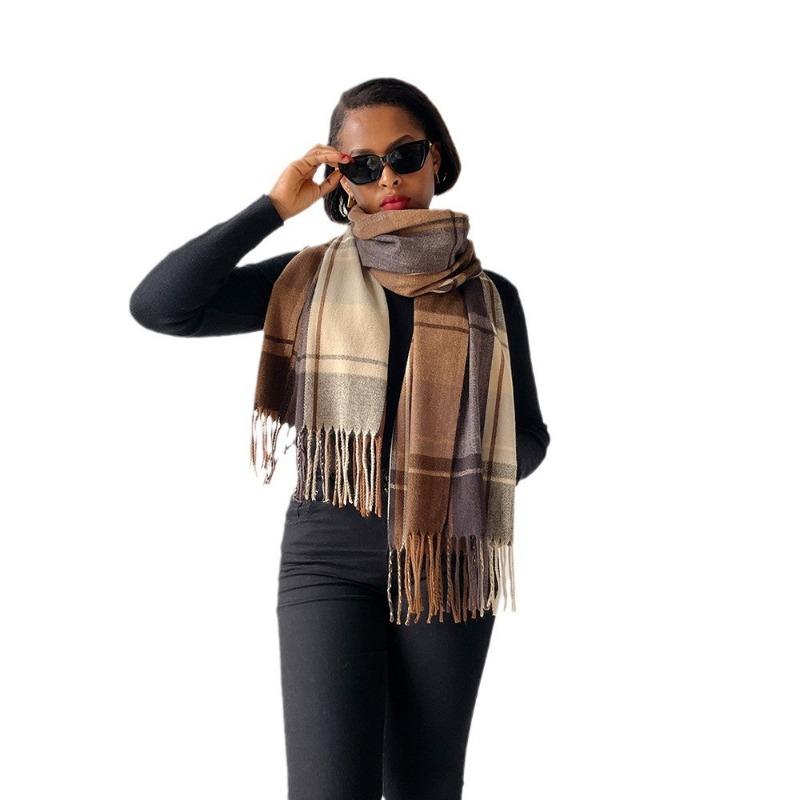 Autumn and winter plaid scarf women's imitation cashmere scarf simple and high-end sense versatile winter warm shawl batch