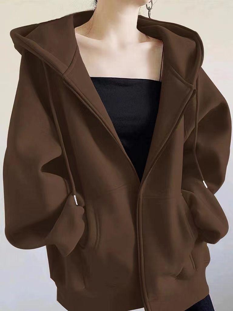 Autumn Winter Women's Fleece Sweatshirt Thickened Hooded Zip-up Loose Sweatshirt