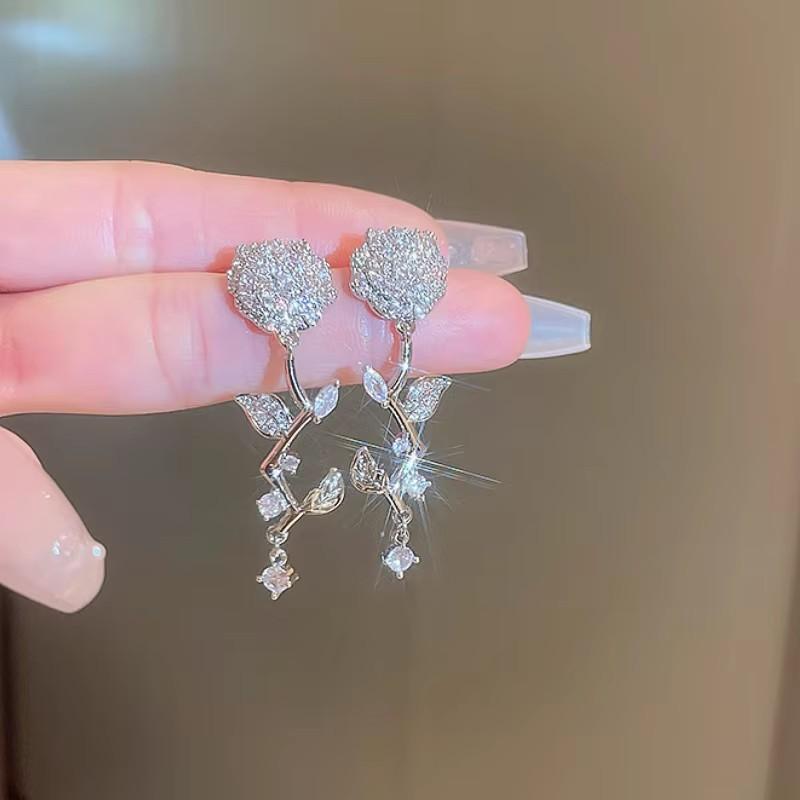

Huitan Aesthetic Women Rose Shaped Drop Earrings Full Shiny CZ Elegant Anniversary Party Charming Accessories Zircon for Daily as pictures