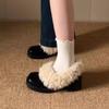 French medium heel square head fluffy shoes one pedal retro plush warm Mary Jane small leather shoes cotton shoes thick heel single shoes
