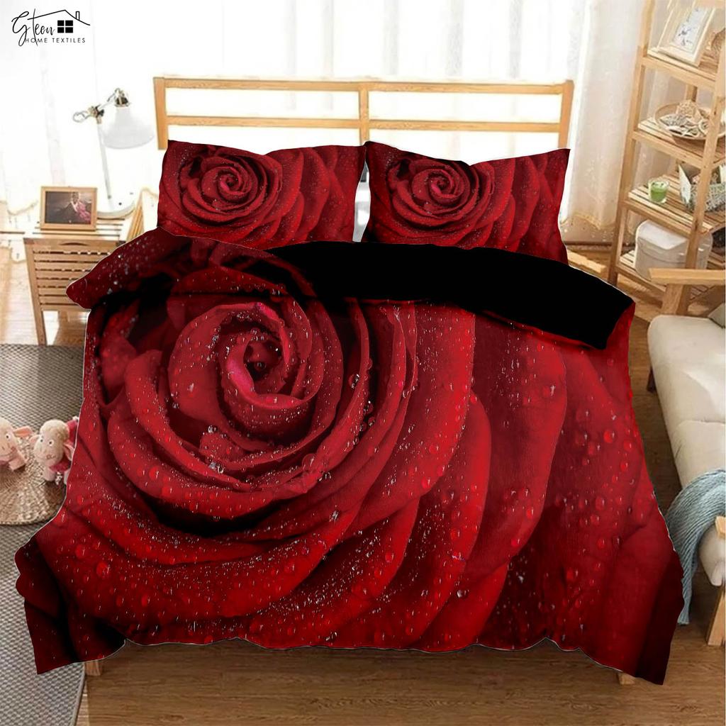 Czarna Retro Czerwona Róża Drukowana 3D Poszewka na Kołdrę Styl Pasterki Zestaw Pościeli Walentynkowej Poszewka na Poduszkę Poszewka na Kołdrę Zestaw Trzyczęściowy
