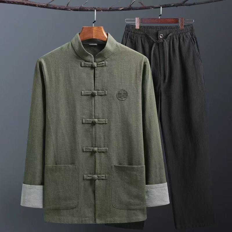 Men's Retro Chinese Tang Suit: Spring/Autumn Cotton Linen 3-Piece Set with Long Sleeve Frog Button Hanfu Coat