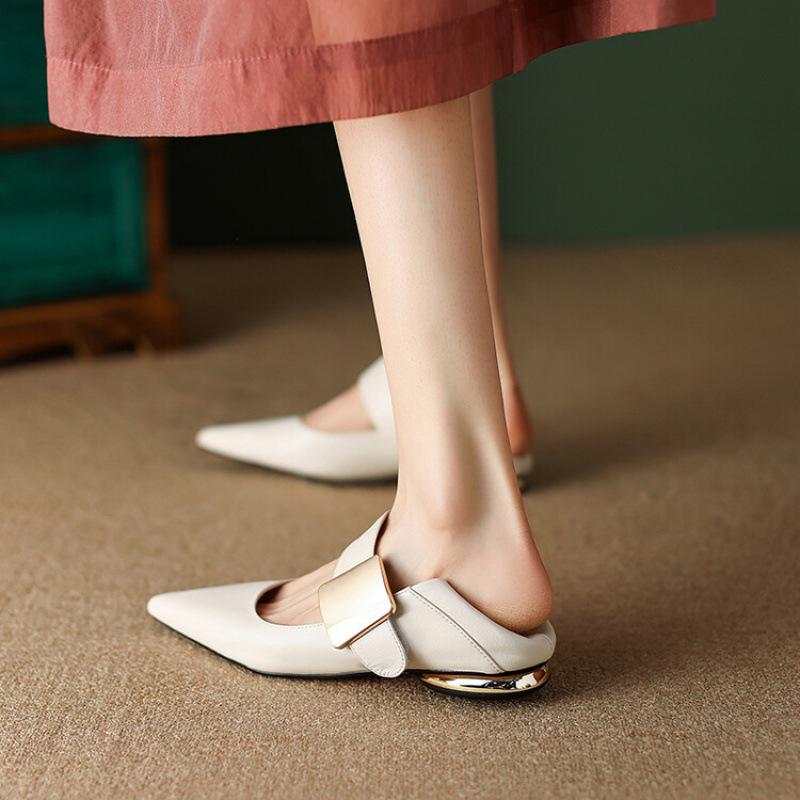 New four seasons pointed fashion single shoes women's buckle fashion solid color non-slip beef tendon sole large size soft sole cowhide women's shoes