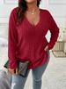 Women's V Neck Long Sleeve Knit Top Loose Fit Casual Solid Color Ribbed Plus Size Sweater Tunic
