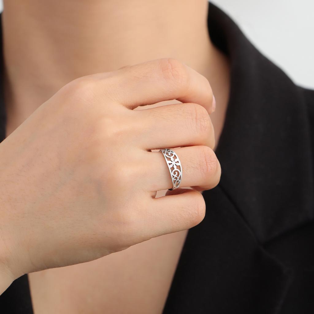 Stainless Steel Filigree Flower Ring Aesthetic Bohemian Women Rings Band Jewelry Birthday Gift