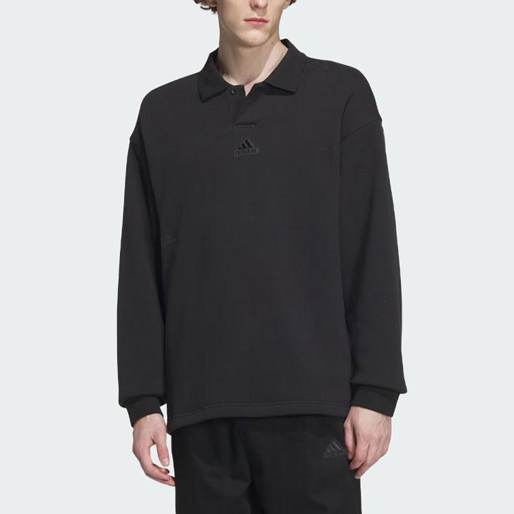 Adidas Heavy French Terry Polo Shirt Solid Logo Loose Long Sleeve Polo Unisex Polo Shirts Black IT3972