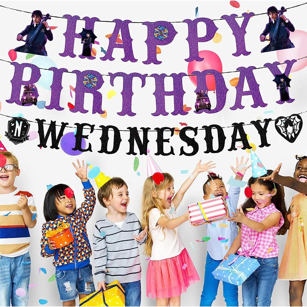 15pcs Wednesday Addams Party Supplies Including Banners and CakeToppers