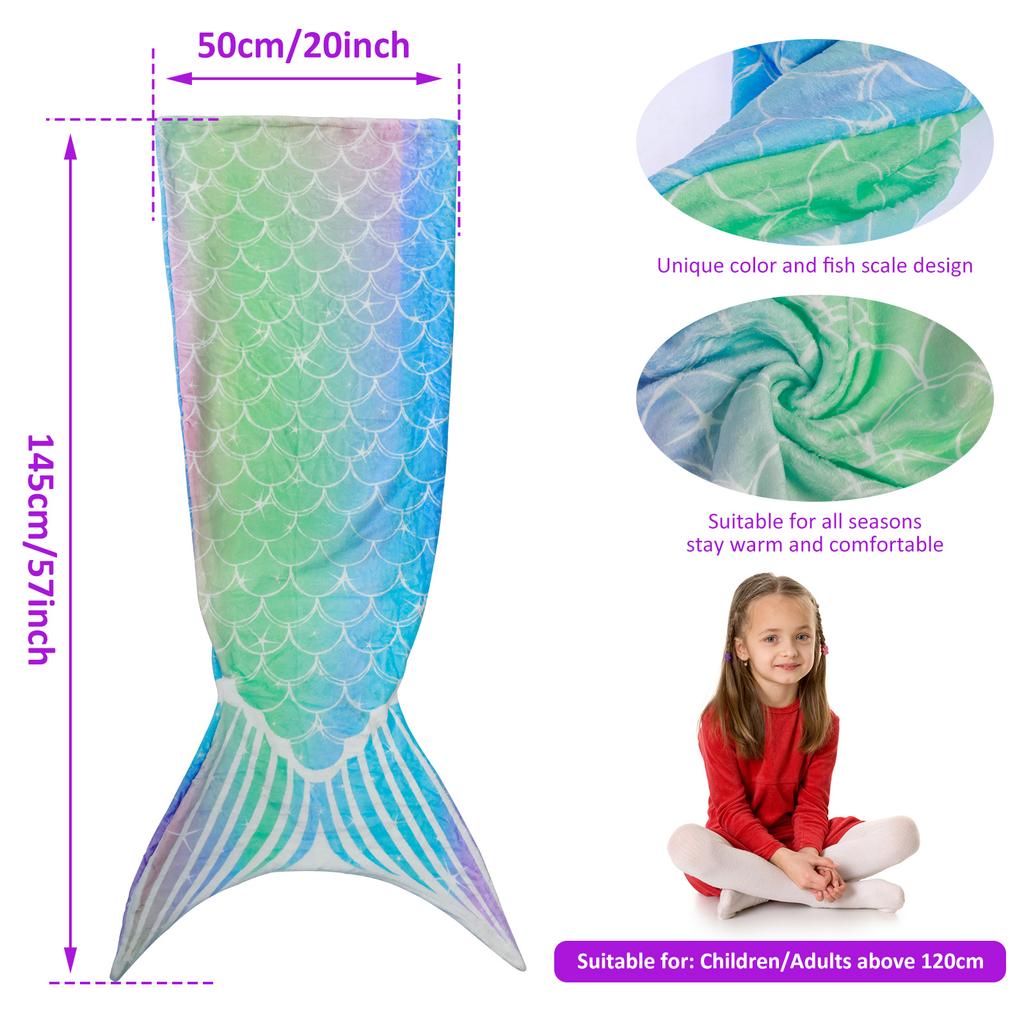 Mermaid Sleeping Blanket Wearable Flannel Mermaid Tail Blanket All Seasons 50x145cm  Kids Adults Comfortable Snuggle Blanket