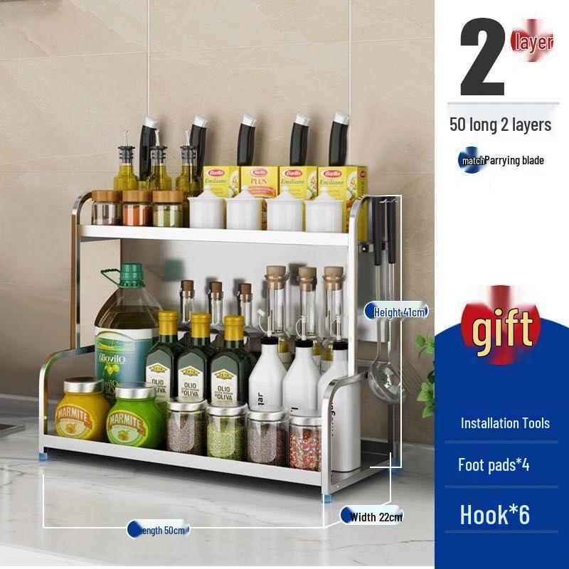 Stainless Steel Multi-layer Kitchen Rack: Spice, Knife Holder & Storage