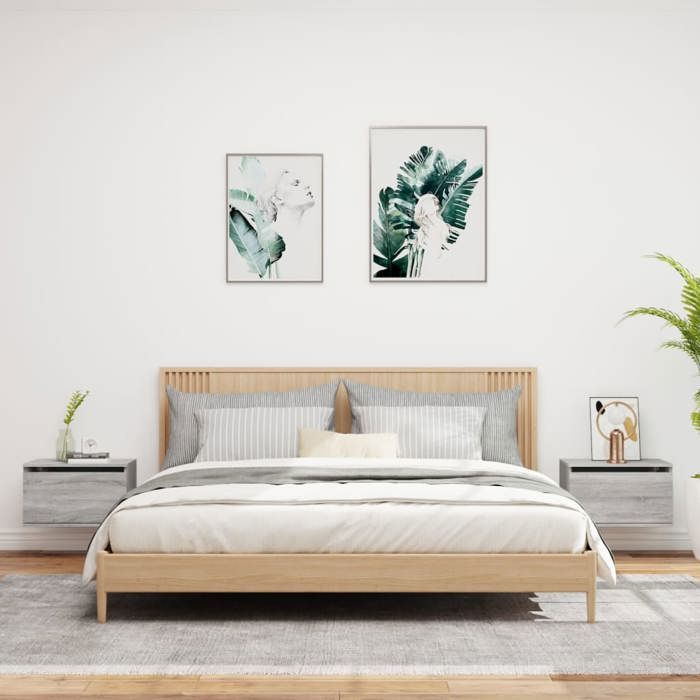 VidaXL Tables de Chevet Murales avec Lumières LED 2 pcs, Armoires de Nuit, Tables de Nuit Chambre, Moderne, Sonoma Gris Bois 836837