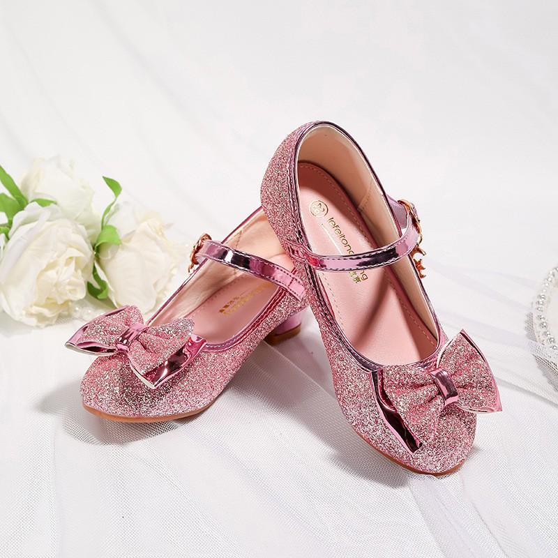 Girls Glitter Bow High Heel Princess Shoes Kids Party Crystal Performance Dress
