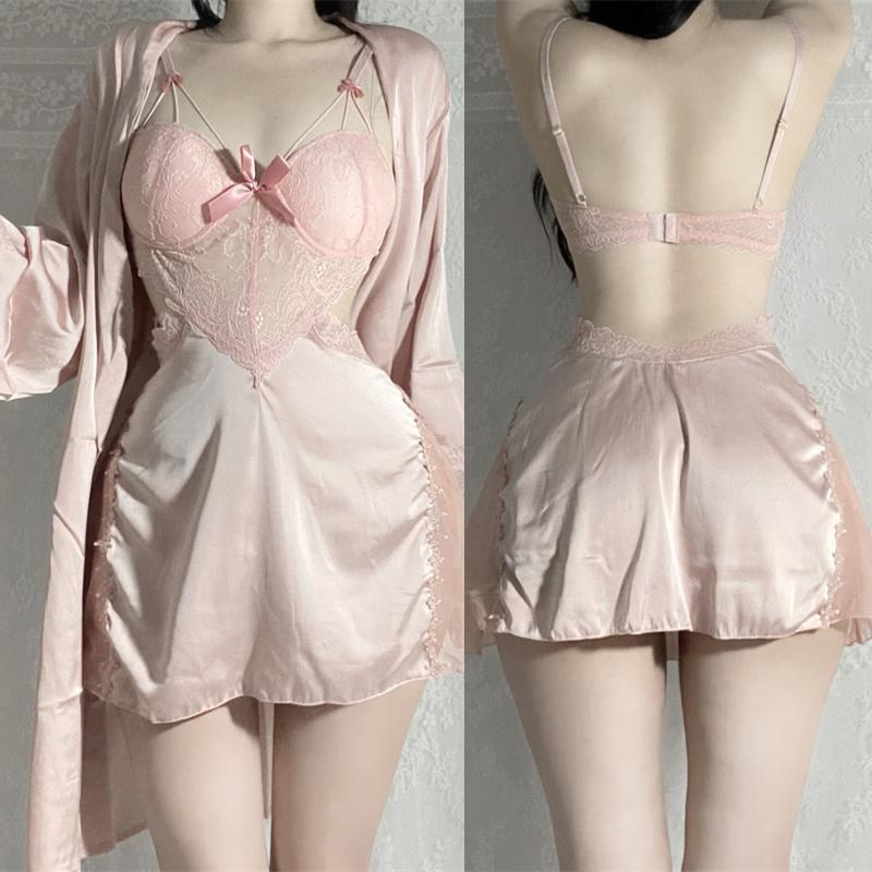 Sexy Spitze 2-teiliges Robe Pyjama Set Rückenfreies Hosenträger Nachthemd Unterwäsche Frühling Sommer Satin Pyjamas Lose Home Wear