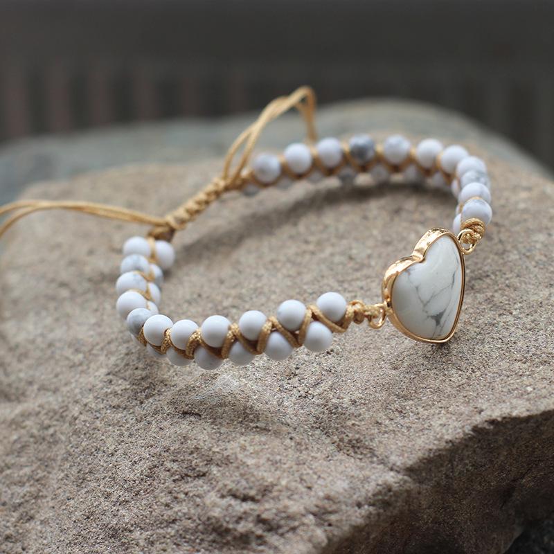 Bohemian Red Heart-Shaped Redwood Stone Double-Layer Woven Women's Bracelet