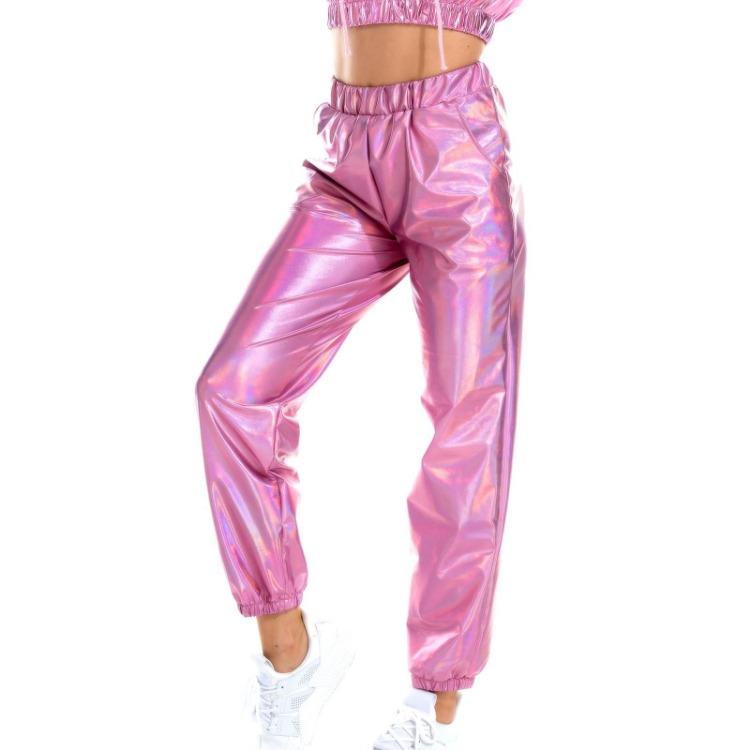 Women Shiny Sports Sweatpants Loose Elastic Jogging Bottoms Stretch Leggings Casual Long Disco Clubwear Party Leisure Comfort Fit Trousers