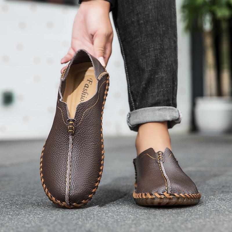 

Men Brown Moccasins Hiking Shoes Handmade Black Slip on Flats Driving Shoes Casual Wide Head Shoes Plus Size 48 кофейный