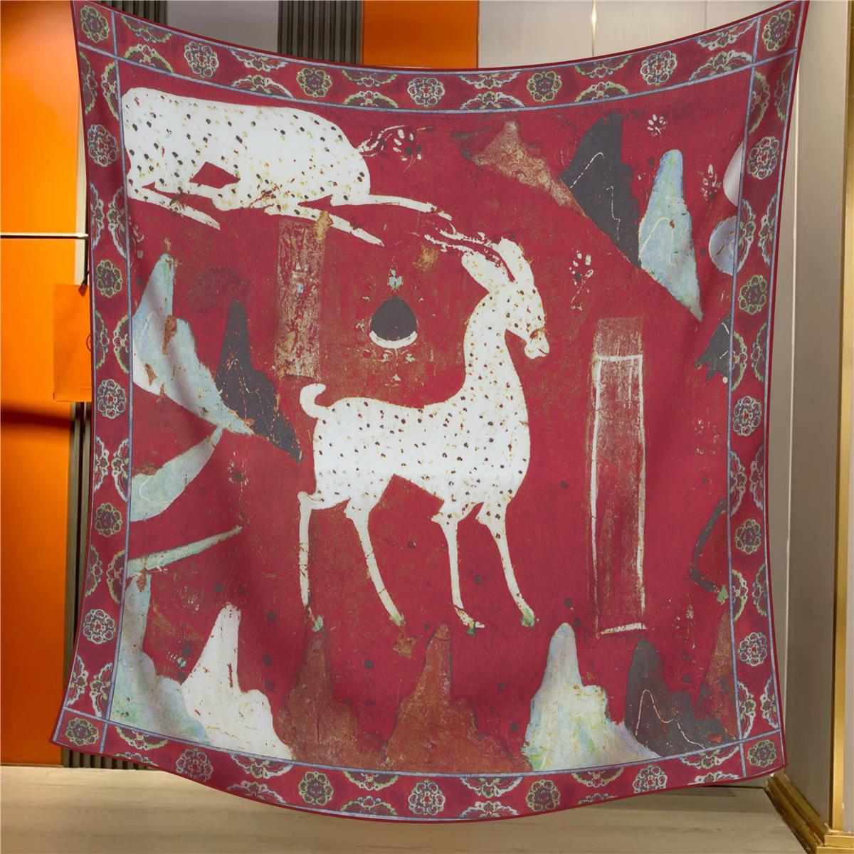 

Жіноча оксамитова квадратна хустка - Осінньо-зимовий принт масляного живопису з підрубленим краєм, велика тепла шаль 130*130cm