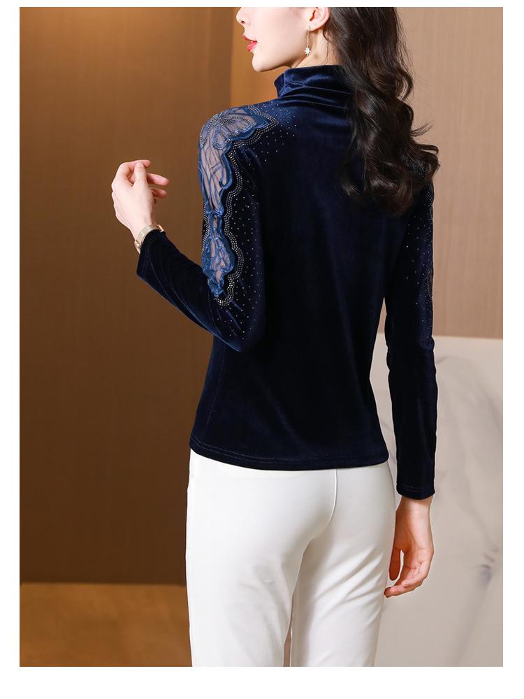 Stylish Versatile Velvet Lace High-Neck Long-Sleeve Shirt for Women