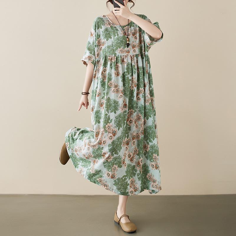 

Простые летние новые богемные платья с короткими рукавами в стиле литературного сада One Size зелёный